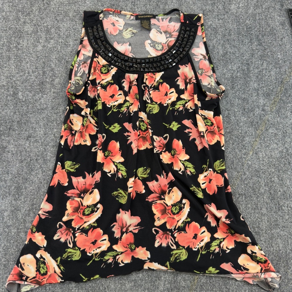 Susan Lawrence Studded Floral Sharkbite Sleeveless Blouse Black Size Large